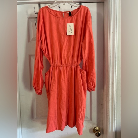 UNIVERSAL THREAD Women's Coral Orange Linen Blend Long Sleeve Side Cut Out Dress - Picture 1 of 11